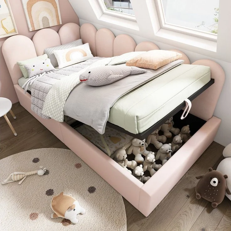 Odikalo Stauraumbett Kinderbett Polsterbett Tagesbett Schlafsofa Samt 90x190/200 Beige/Rosa – Bild 1