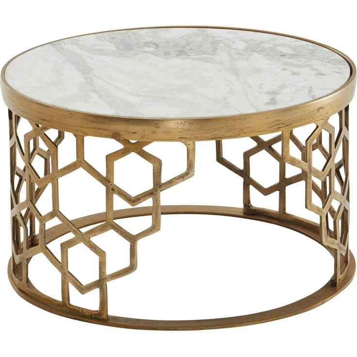 FINEBUY Couchtisch FB82239 (Echter Marmor Weiß / Gold 60x60x36 cm Rund), Sofatisch Metall, Wohnzimmertisch Modern