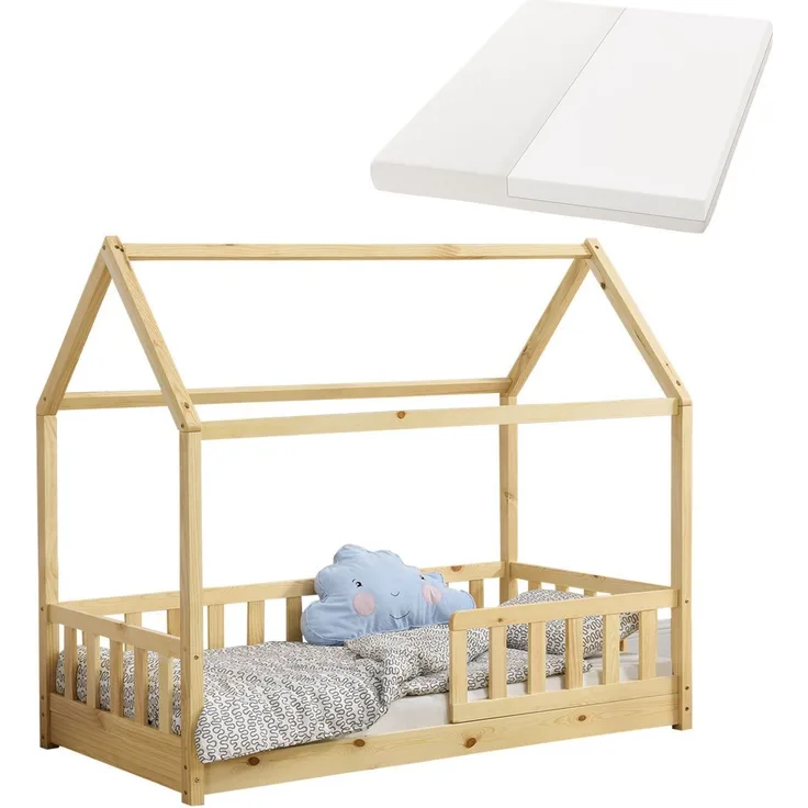 Juskys 'Marli' Kinderbett, mit Matratze, Rausfallschutz, Lattenrost & Dach - Massivholz Hausbett für Kinder - Bett in Natur, 80x160 cm