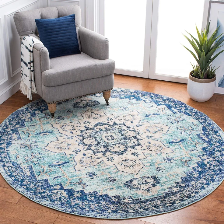 SAFAVIEH Boho Teppich für Wohnzimmer, Esszimmer, Schlafzimmer - Madison Collection, Kurzer Flor, Blaugrün und Marineblau, 160x160 cm