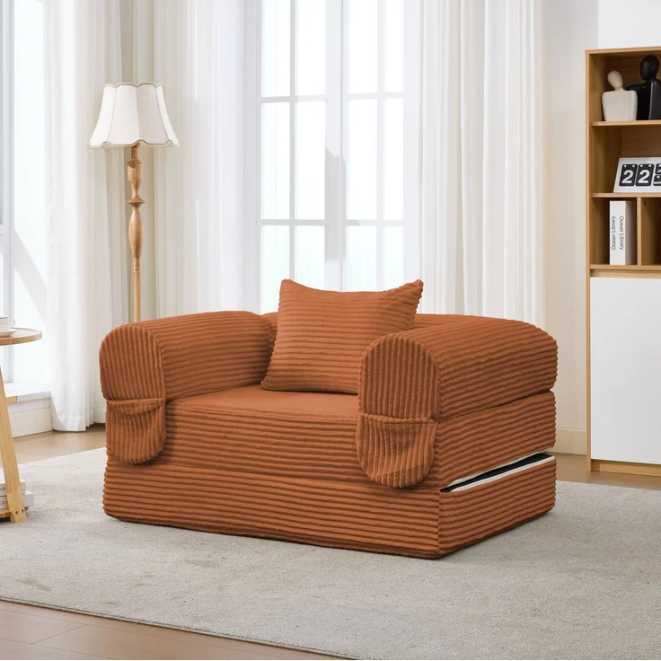 Schlafsessel 120cm×85cm×65cm mit Kordbezug in Orange – 2-in-1 Einzelsessel zum Ausklappen mit Zusatzkissen – Bild 4