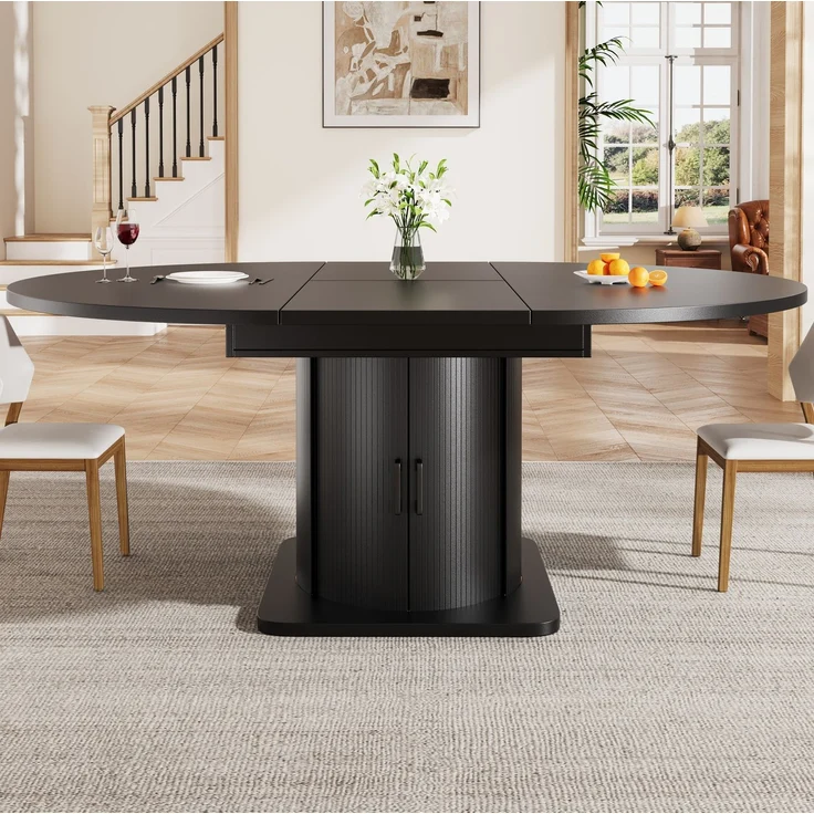 Esstisch 118-158x118x76 cm ausziehbar in Schwarz, rund zu oval, mit Stauraum – Bild 2