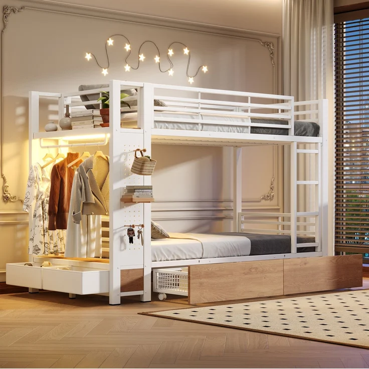 CHICFURN Etagenbett aus Metall und MDF Weiß 90x200 cm mit LED-Beleuchtung und Stauraum – Bild 3