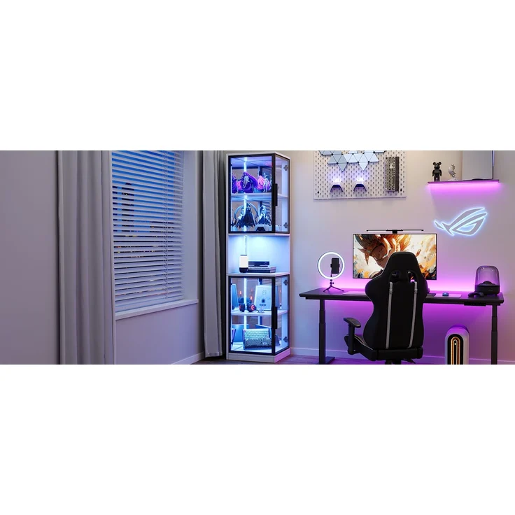 ZUBALIYA 205cm hoher LED-Vitrinenschrank mit doppelten Glastüren und verspiegelter Rückwand, mit farbwechselnder Beleuchtung und Kippschutzvorrichtung–elegant, vollständig transparent–Weinschrank, Bücherregal, Weiß – Bild 16