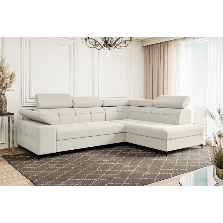 MEBLINI Schlafcouch mit Bettkasten - Ecksofa mit Schlaffunktion - Sofa mit Relaxfunktion - Couch L-Form - Eckcouch - Wohnlandschaft - BERGAMO - 274 x 203 x 83 cm Rechts - Creme Samt Modesto