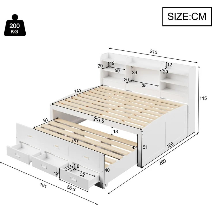 Schlafsofa, Daybett, Tagesbett, 140 x 200cm, Mit LED-Leuchten, 3 schubladen, Nachttischablage, Multifunktionales ausziehbares bett mit usb+type-c, Ohne matratze, Weiß – Bild 10