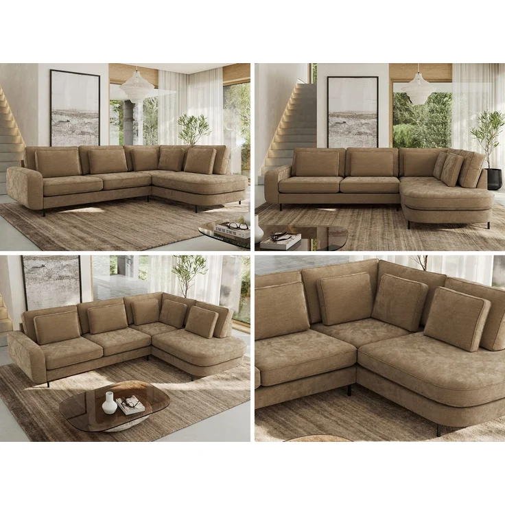 CALENO L-Form Ecksofa 317x225 cm, Massivholz-Rahmen & Wellenfedern, Sitzhöhe 51 cm, modernes Polstersofa rückenecht bezogen & freistehend - Braun Schenille glatt - Rechts Seite – Bild 2