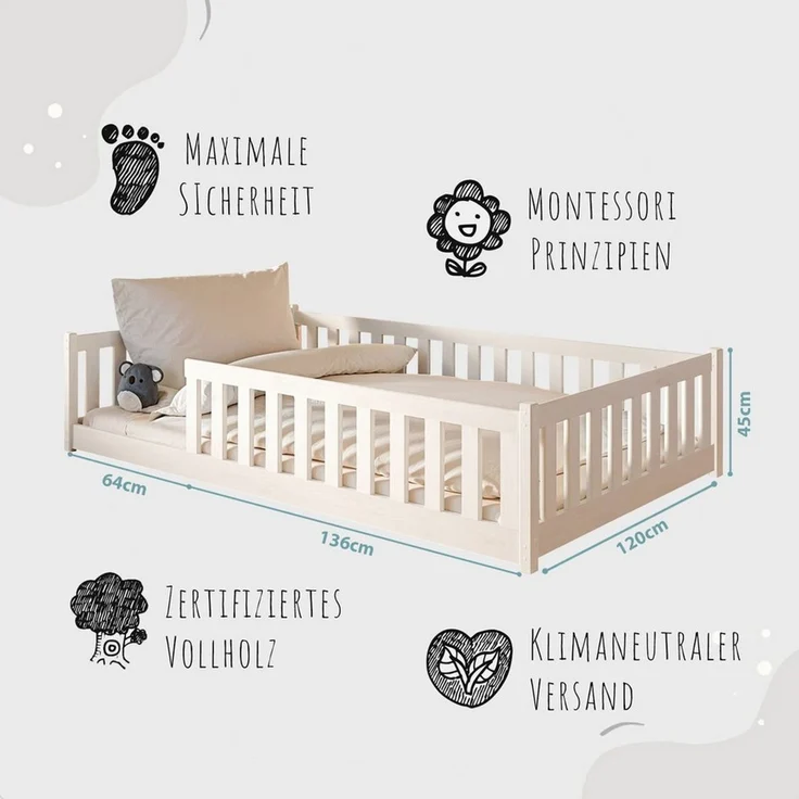 Kids Collective Kinderbett Bodenbett 120x200 cm mit Rausfallschutz & Lattenrost Montessori Bett Bed Gitterbett Kinder Jugendbett Einzelbett | weiß weitere Größen 80x160 | 90x200 | 140x200 cm – Bild 3