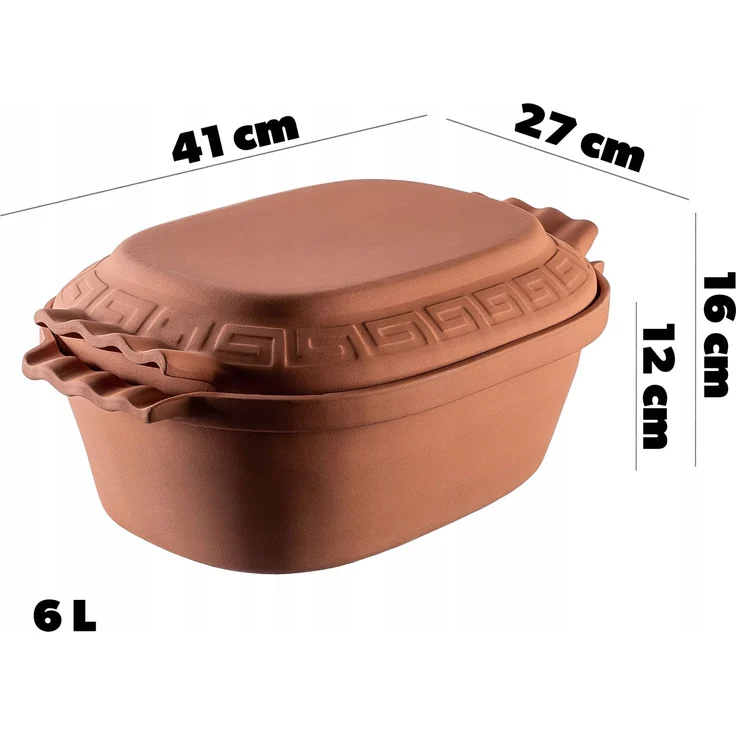 KADAX Ovaler Tonbräter, Keramiktopf mit Deckel und Seitengriffen, Dampfgarer aus natürlichen Materialien, Auflaufform für fettfreies Kochen, Brätertopf (6L) – Bild 3