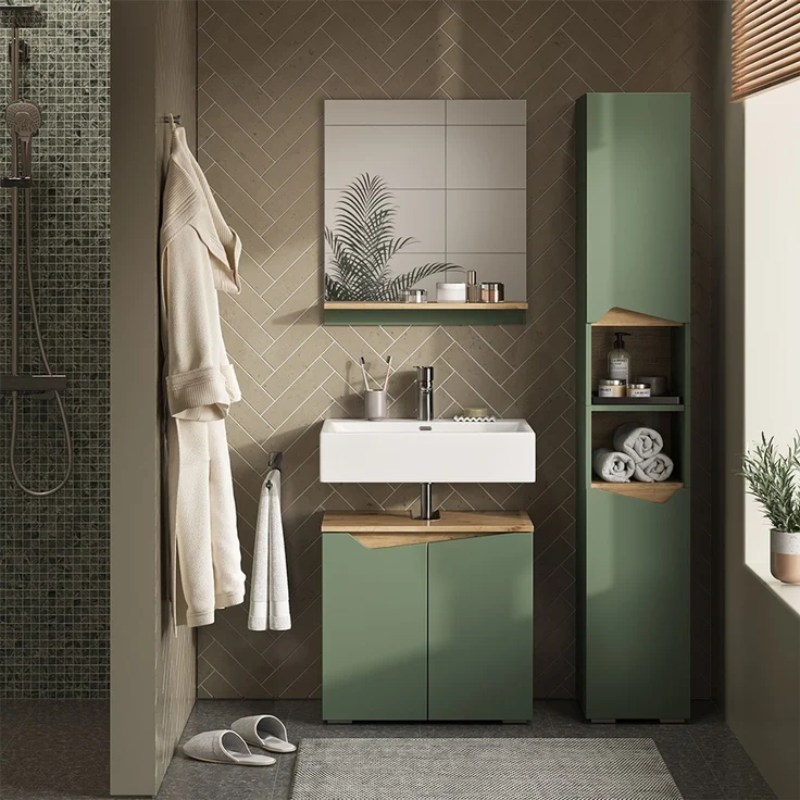 Badschrank Marelle Grün/Artisan 30 x 180 cm mit Türen und offenen Fächern Vicco – Bild 3