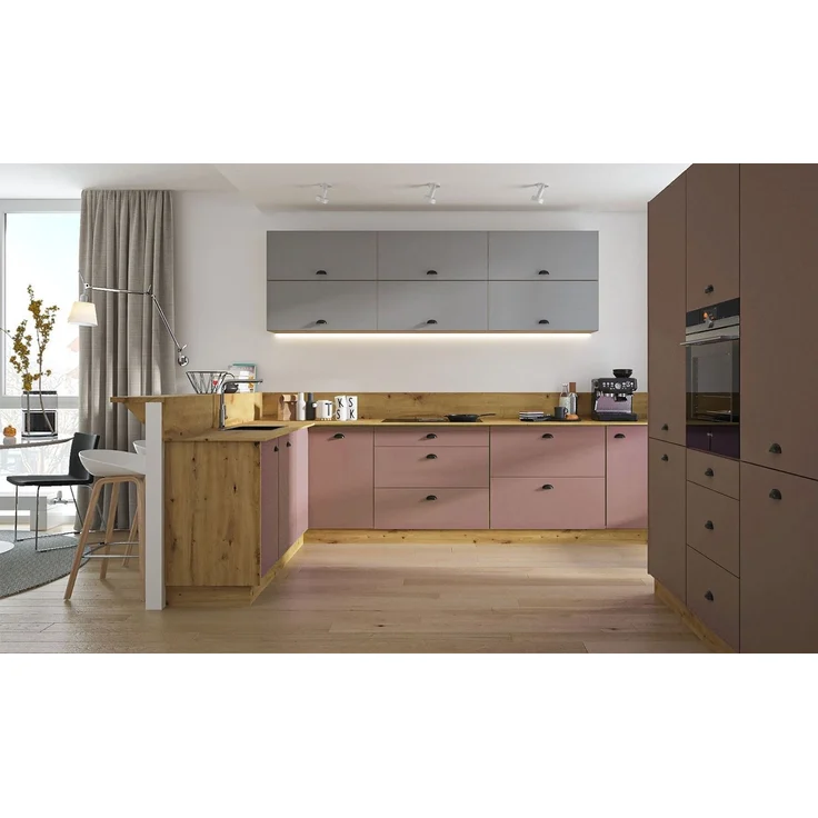 L-Form Küchenzeile ""Bonn"" Küchenblock 170x310cm Vollauszug eiche artisan Front dust grey - rosé kupfer matt