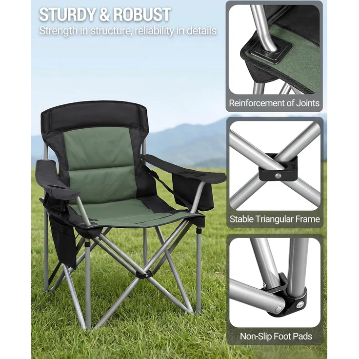Campingstuhl, 220 KG Campingstuhl Faltbar mit Kühltasche, Getränkehalter, Tragetasch, Hochlehner Bequem Gepolste, Anglersessel Klappstuhl Garten Balkon Strand, Schwarz und Grün – Bild 7