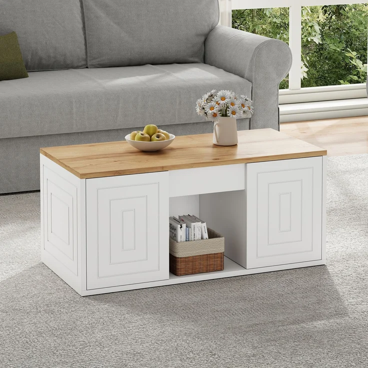 Couchtisch 46 x 95 x 45 cm, mit Höhenverstellung, in Holzoptik, Konstruktion aus Spanplatte, Weiß / Naturfarben – Bild 24