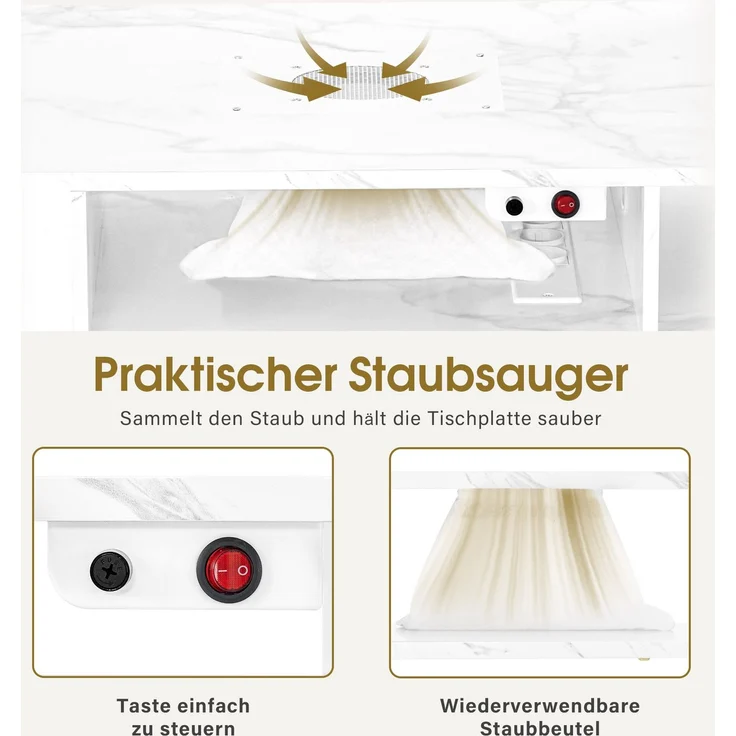 BarberPub Manikürtisch mit 4 Schubladen, 2 Regalen, 5 Ablagen & 1 Auszugsschrank, Nageltisch mit Absaugung, 2 Staubsaugerbeuteln, Nagelstudio Tisch für Beautysalon, 2439 – Bild 6
