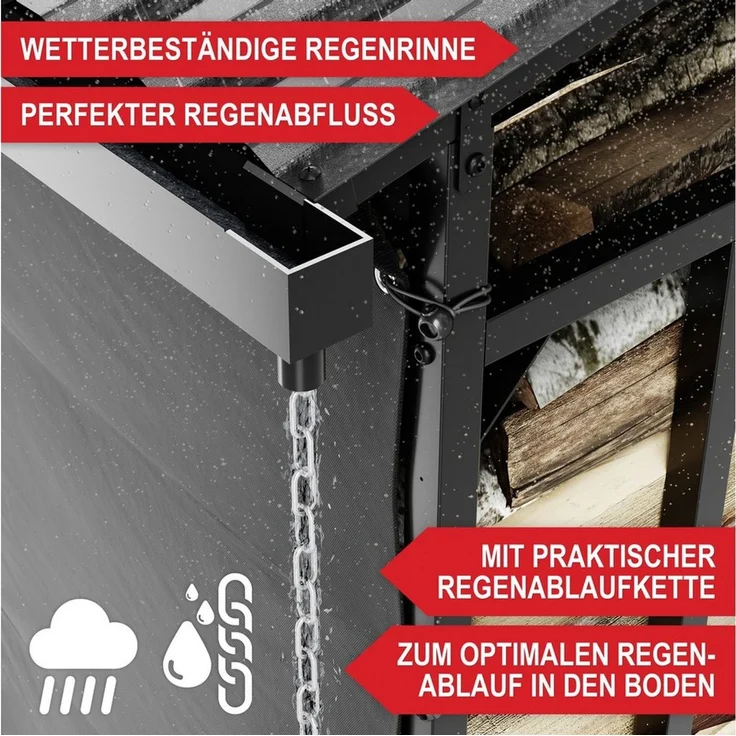 Onbest Kaminholzregal Metall mit Regenrinne und Regenkette, BxTxH:185x70x185 cm, 150g Schutzplane, 1,56 m³ – Bild 4