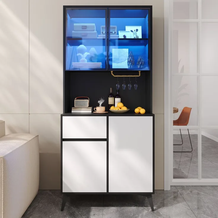 U-life Hochschrank, fürs Wohnzimmer, Vitrine, Anrichte, Sideboard, Esszimmerschrank, MDF, Schwarz