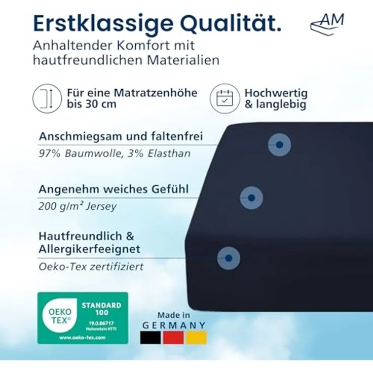 AM Qualitätsmatratzen Spannbettlaken Baumwolle in dunkelblau, Bettlaken für Matratzen, Made in Germany, Baumwolle, Gummizug: rundum, (1 Stück), 100x200x30 – Bild 3