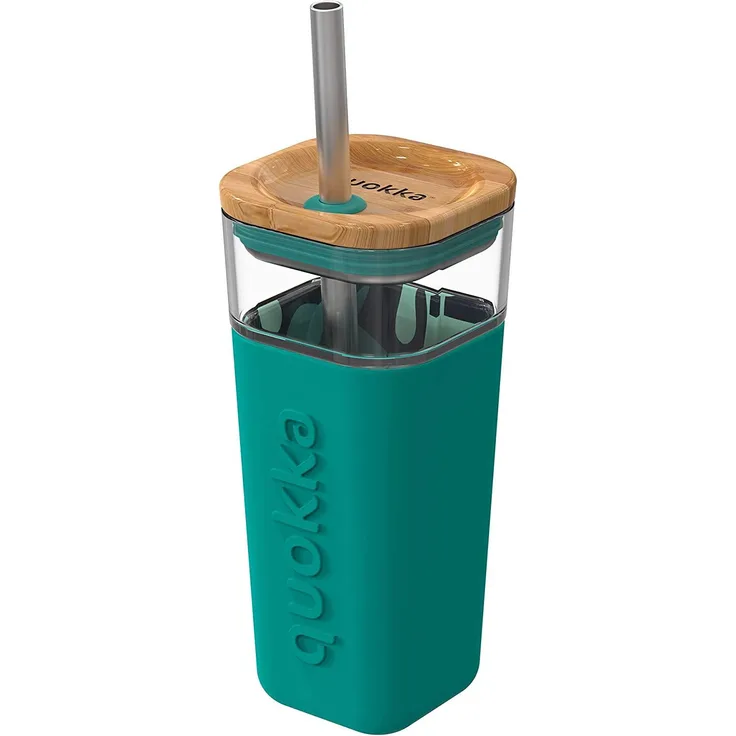 Quokka Liquid Cube - Glasbecher 540 ml mit Strohhalm aus Edelstahl (Inner Tropical Flow)