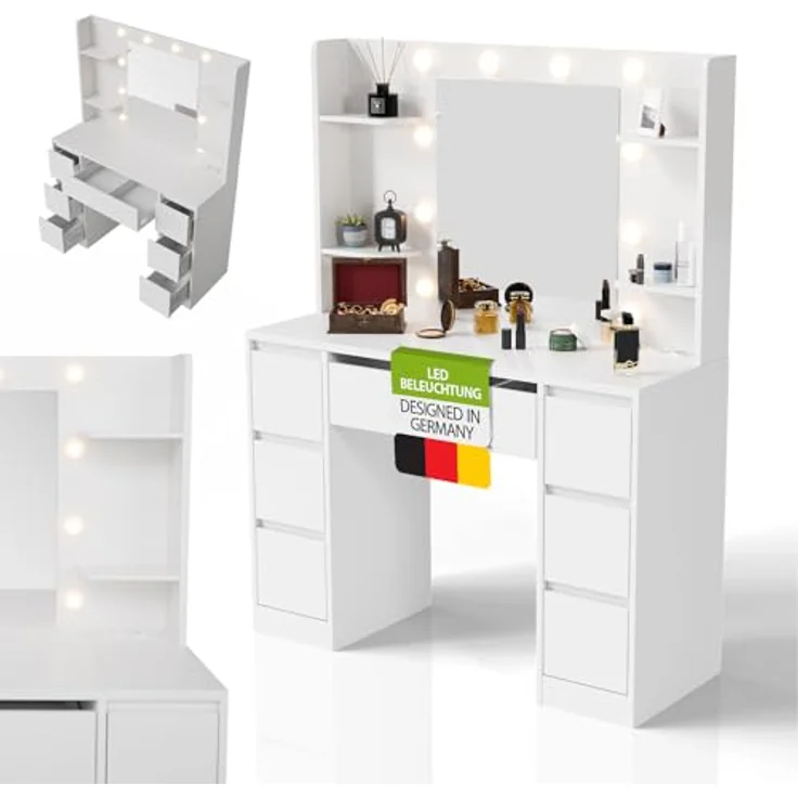 Juskys Schminktisch Malia mit LED-Beleuchtung & Spiegel, 7 Schubladen, stufenlos dimmbar, 3 Farbtemperaturen, Stauraum, elegantes Design – Weiß – Bild 2