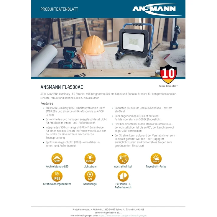 ANSMANN AG LED Baustrahler LED 50W Strahler für den professionellen Einsatz, 4.500lm Leuchtkraft, SMD-LED – Bild 10