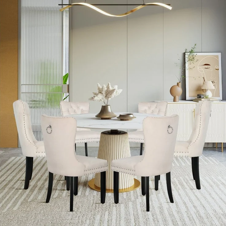 Puluomis Esszimmerstuhl (2/4/6/8 Set Grau/ Schwarz/Beige, 6 St), Samt Stuhl mit hoher Rückenlehne, Küchenstuhl mit Holzbeinen – Bild 1