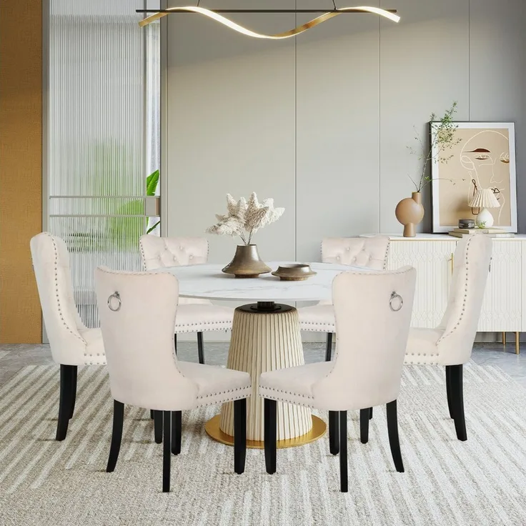 Puluomis Esszimmerstuhl (2/4/6/8 Set Grau/ Schwarz/Beige, 6 St), Samt Stuhl mit hoher Rückenlehne, Küchenstuhl mit Holzbeinen