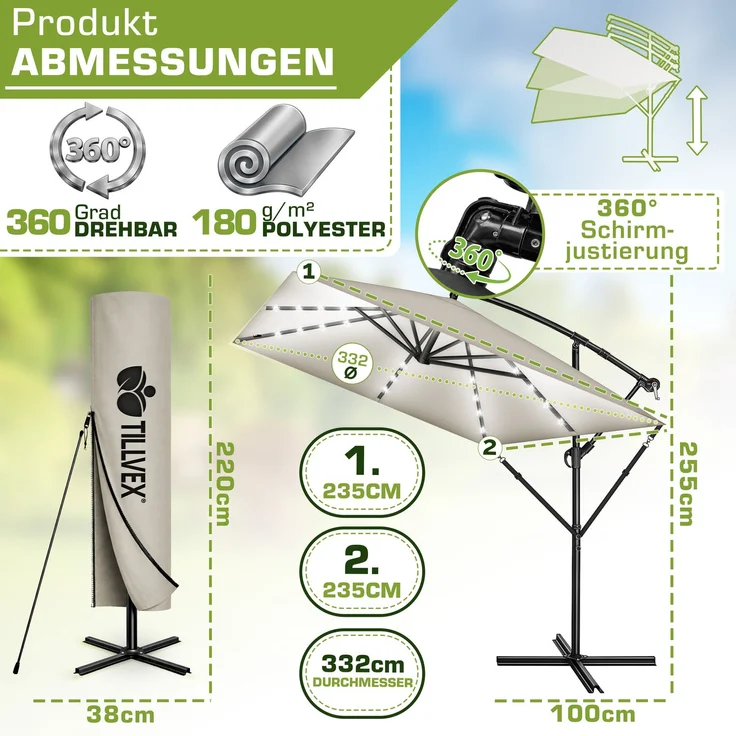 tillvex® Alu Sonnenschirm Rechteckig Ø 330 cm mit LED Solar Taupe + Abdeckung mit Kurbel | Ampelschirm mit Ständer & Windschutz | Gartenschirm UV-Schutz, wasserdicht, 360° drehbar | Kurbelschirm Marktschirm – Bild 7