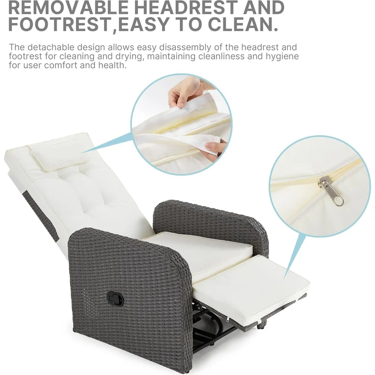 Mondeer Liegesessel, PE Rattan Sonnenliege mit Verstellbarer Rückenlehne und 360° Drehbarem Fußkreuz, für Garten Terrasse Innen Außenbereich, Grau und Beige – Bild 5