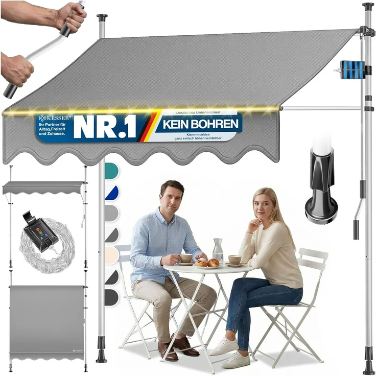 KESSER® Klemmmarkise mit Handkurbel & LED Lichterkette | Balkonmarkise ohne Bohren | Markise UV-beständig höhenverstellbar & wasserabweisend | Sonnenschutz für Balkon Terrasse & Garten Grau, 300cm – Bild 2