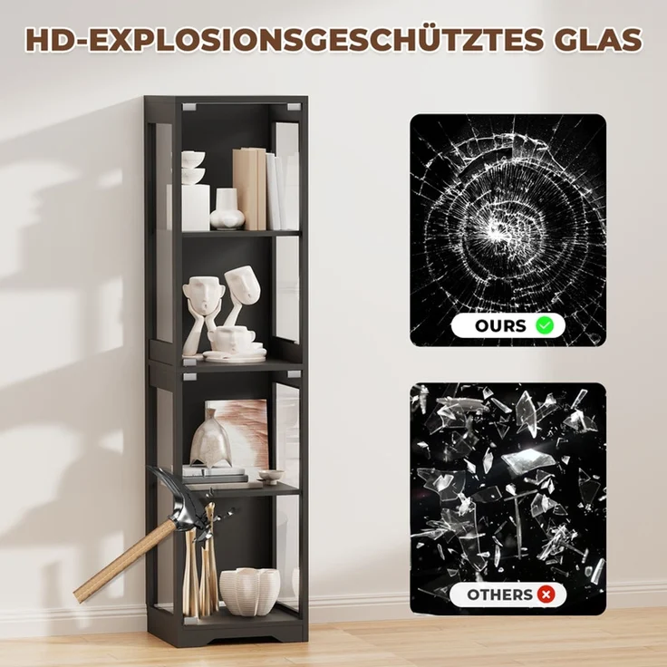 Glasvitrine 4-stöckig, Ausstellungsschrank mit Glastür, LED-Beleuchtung und Helligkeitsregelung, Schwarz – Bild 9