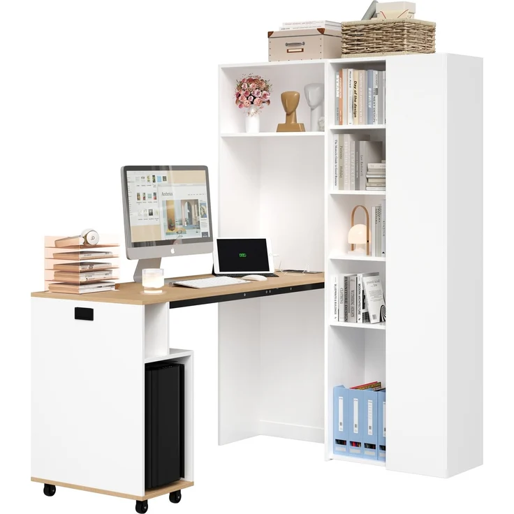 Klappbarer Schreibtisch 104,5 × 30,5 × 160 cm, 2-in-1 mit Bücherregal, EU-Steckdose & USB, 2 höhenverstellbaren Ablagen, PC-Fach, MDF, Weiß – Bild 10