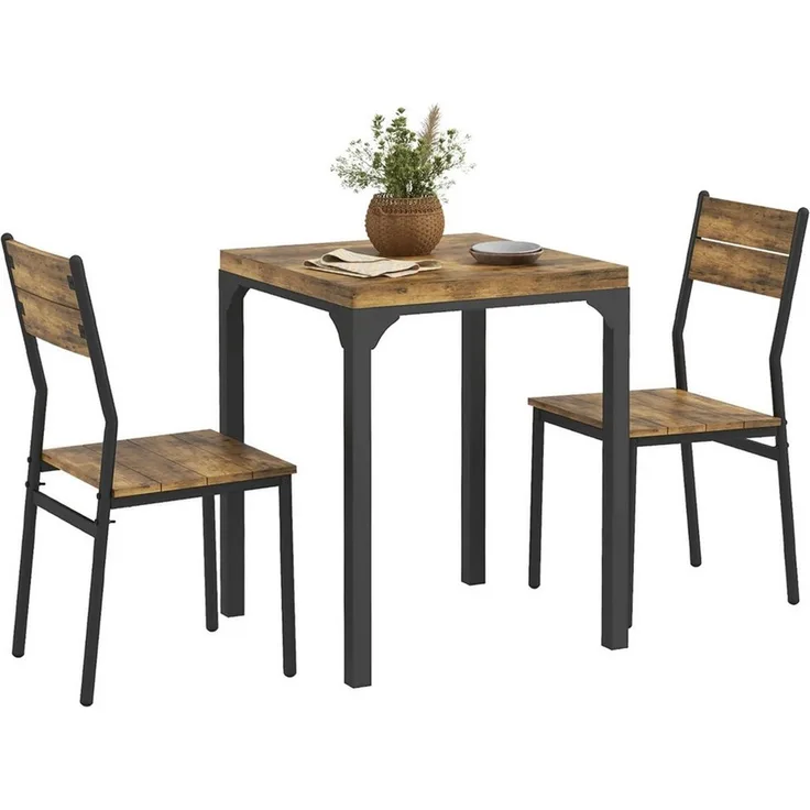 HOMCOM Essgruppe Sitzgruppe Küchentisch mit Metallgestell, (Esszimmergruppe, 3-tlg, Esstisch Set Holztisch), mit 1 Tisch + 2 Stühlen, Naturholzmaserung