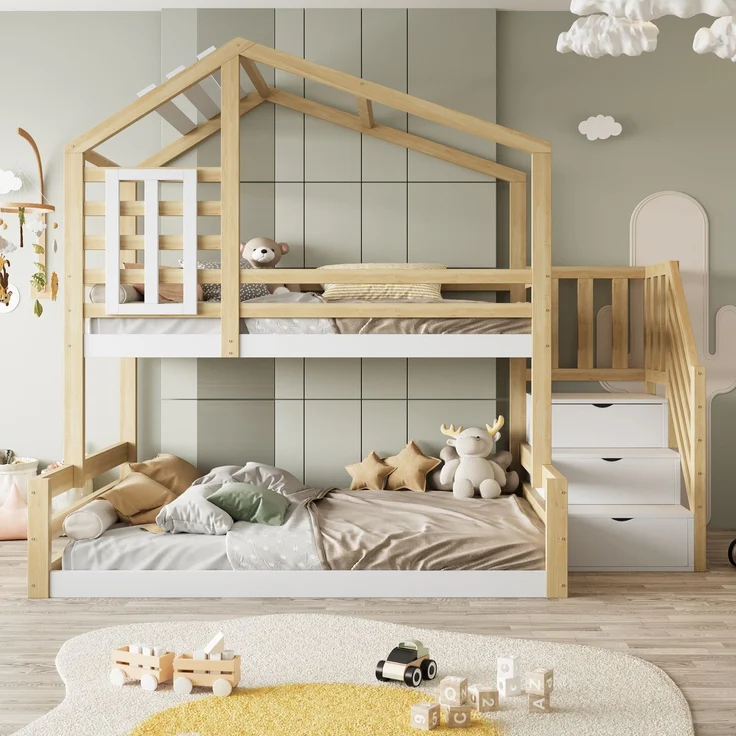Etagenbett 140x200 Kinderbett Hausbett Kiefernholz+MDF, Geländer & Stauraum,Weiß & Natur – Bild 3