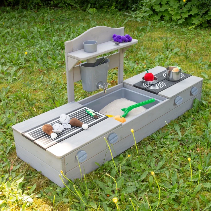 roba 2in1 Balkonsandkasten & Matschküche für Kinder - FSC®-zertifiziert - Inkl. Zubehör - Kompakte Spielküche für Balkon & Garten - Grau – Bild 2