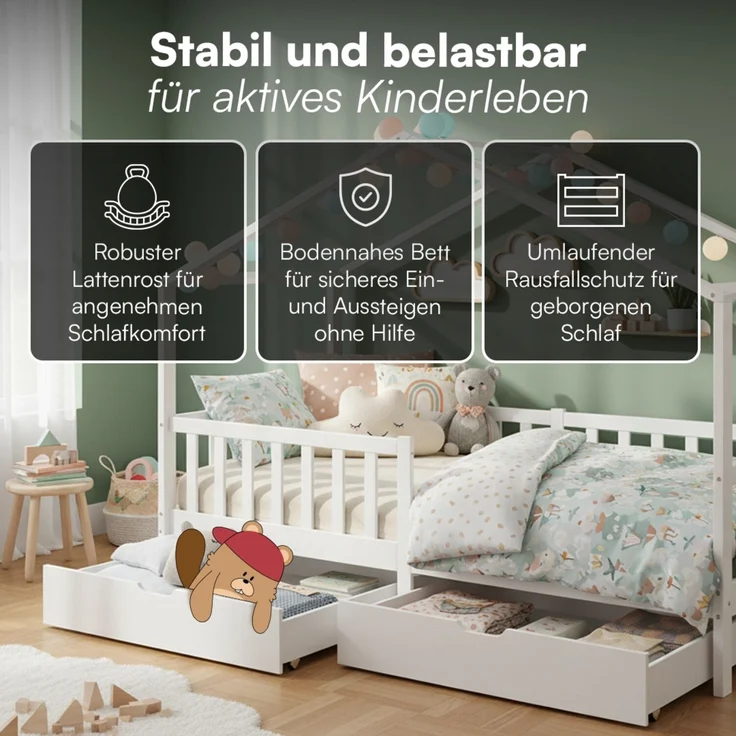 Bellabino 'Bia' Hausbett 90x200 cm mit Matratze und 2 Schubladen, weiß, Kiefer Massivholz, Montessori Kinderbett mit Stauraum, inkl. Rausfallschutz und Lattenrost – Bild 3