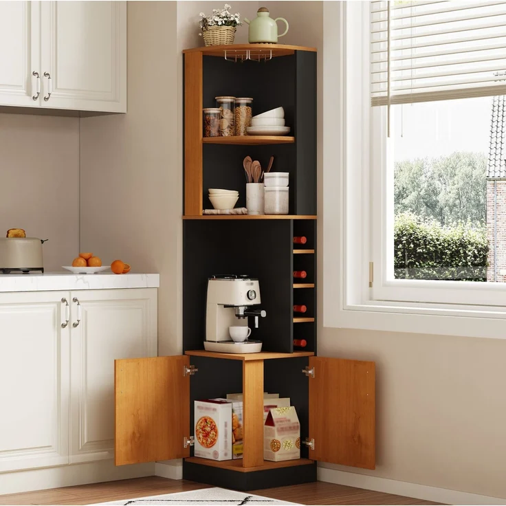 Eck-Weinschrank aus MDF mit Weinglasregal, Weinfächern und Kippsicherung, 40x40x182 cm, Schwarz – Bild 1