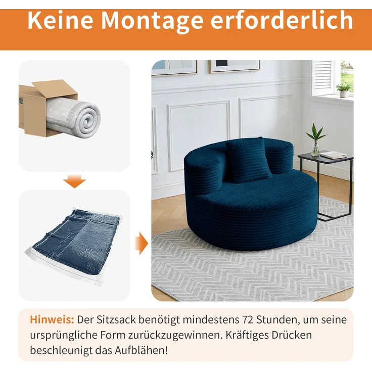 Großer Cord-Sitzsack-Sessel mit Zierkissen, weich gepolsterter Loungesitz 112 cm ohne Montage für Wohn- und Schlafzimmer, Blau – Bild 3