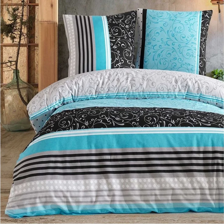 Buymax Bettwäsche Sara, Renforcé: 100% Baumwolle, 3 teilig, 200x200 cm, mit Reißverschluss, Streifen Gestreift Türkis Grau Schwarz – Bild 1