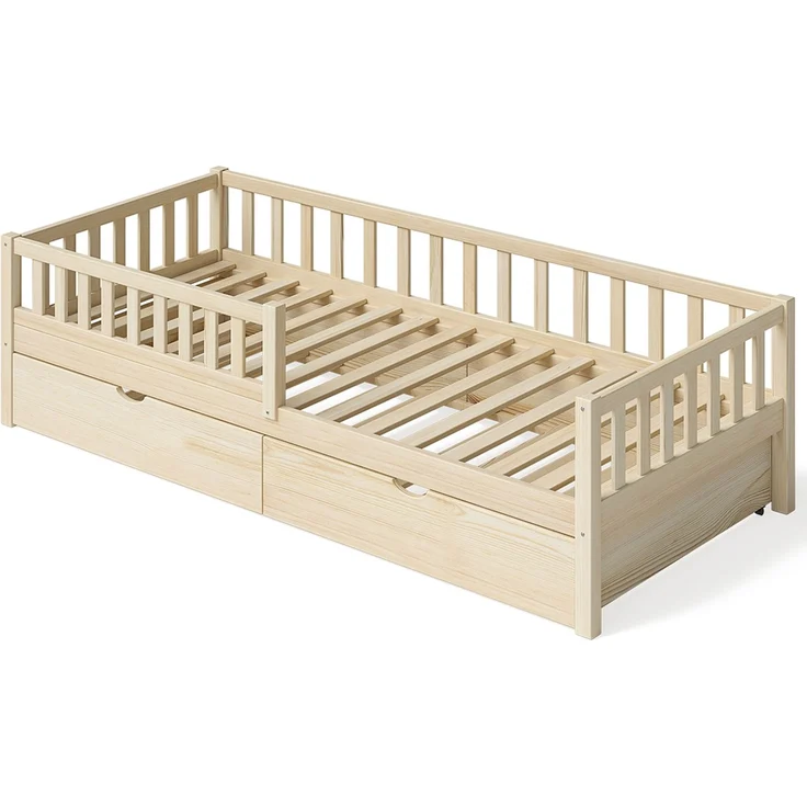 Bellabino 'Vils' Kinderbett 90x200 cm mit Gästebett 90x190 cm, natur, Kiefer Massivholz, Montessori Bett mit Ausziehbett, mit abnehmbarem Rausfallschutz und Lattenrost – Bild 2