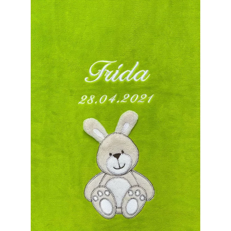 KIDDI-MEDIA Babydecke mit Name und Geburtsdatum Bestickt/kuschelig weich / 1A Qualität (Apfelgrün - Hase)