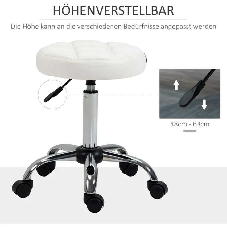 Rollhocker Höhenverstellbarer Drehbarer Arbeitshocker für Büro & Salon, Kunstleder Weiß Ø35,5 x 51-67 cm--Weiß--35.5x35.5x67cm--YOUDENOVA – Bild 2