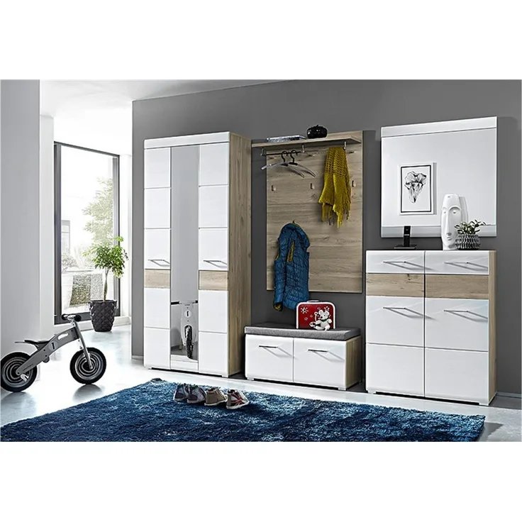 Garderobe FUNNY 5-TLG Hochschrank Paneel Spiegel Schuhkommode Bank Weiß/Eiche