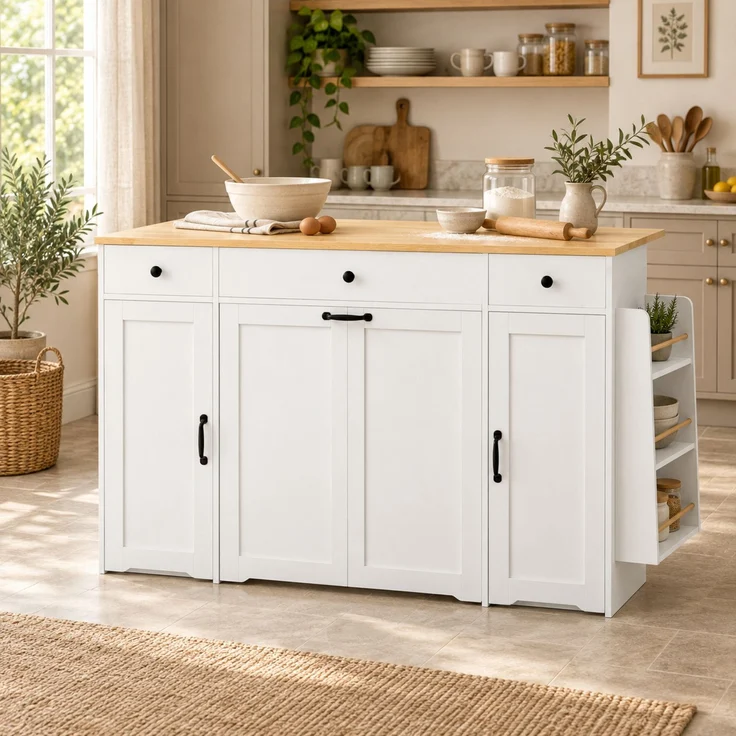 Sideboard 136 x 65 x 90 cm aus MDF in Weiß und Natur mit 3 Schubladen und 2 Türen – Bild 1