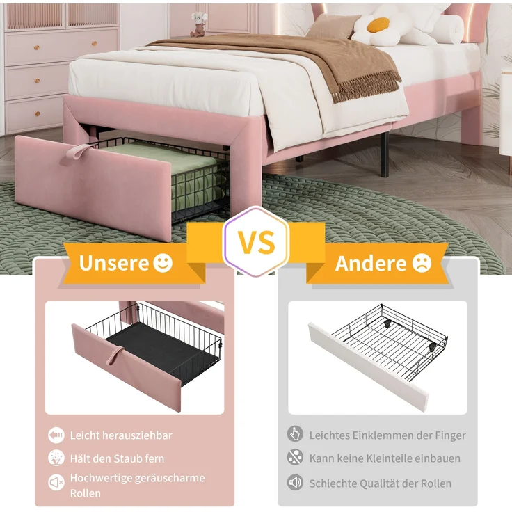 Kinderbett, Samt mit LED & Schublade, 90x190 cm, Rosa, ohne Matratze – Bild 5