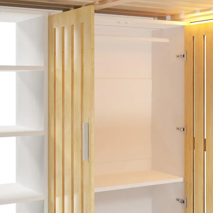 Hochbett mit RGB LED-Streifen, Schreibtisch, Lattenrost, Kleiderschrank, Trittleiter, Regal und Rausfallschutz, 140x200 cm, Kinderbett, Kiefer – Bild 10
