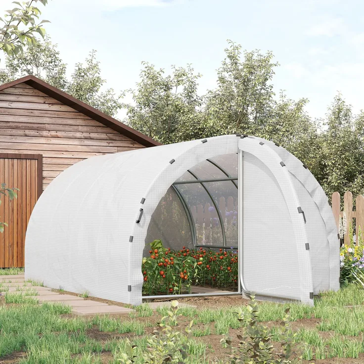 Wohnora-Tunnelgewächshaus, 12 m² Grundfläche, 4 m L x 3 m B x 2 m H, verstärkter Rohrrahmen (25 mm), Doppeltür mit Griffen, weiß,H 2000cm x T 1490cm x B 3000cm