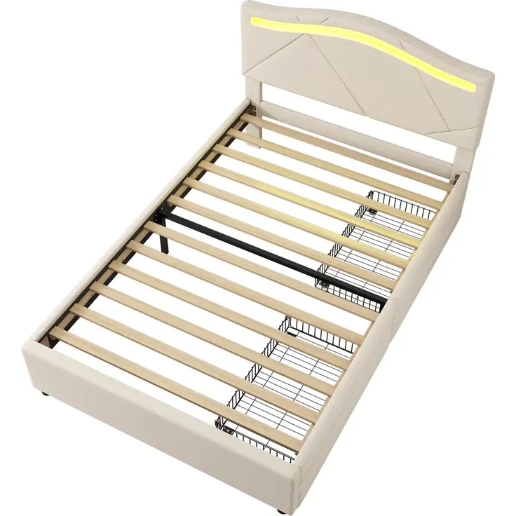Polsterbett mit LED-Beleuchtung und Schubladen, 90x200cm, gepolsterter Kopfteil, Einzelbett, Stauraumbett, Leinen – Bild 7