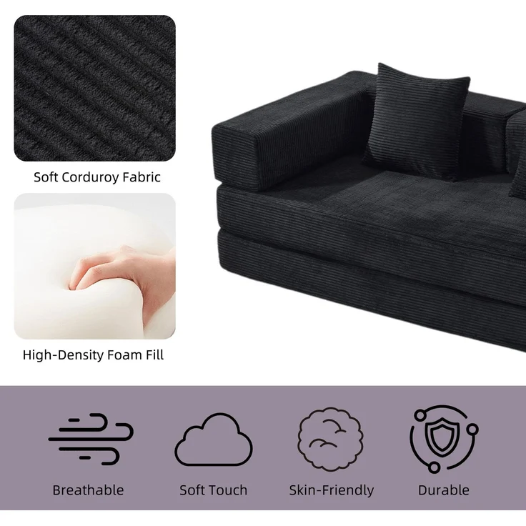 Bodensofa, Kompressionssofa, Schlafsofa mit Kissen, Rückenlehne und Armlehnen, bequemes Futon-Sofa, Cordstoff, für Wohn- und Schlafzimmer, Schwarz--Schwarz--185x92.5x60cm--YOUDENOVA – Bild 3