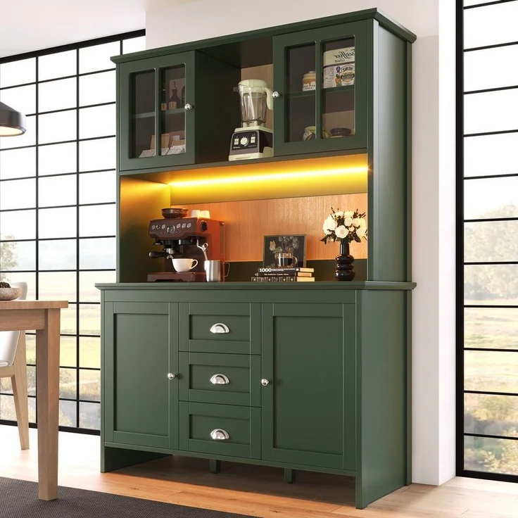 Flieks Küchenbuffet mit LED-Beleuchtung, Schubladen und Glastüren in Retro-Stil (1-St, B120/T40/H179 cm) Hochschrank Küchenschrank Geschirrschrank mit verstellbare Ablagen – Bild 3