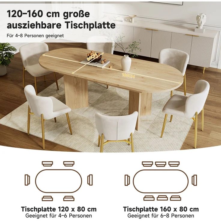 Esstisch, MDF ausziehbar mit abgerundeten Ecken, 120/160x80 cm, Eiche – Bild 7